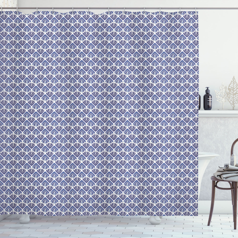 Boho Chic Shower Curtain with Curved Triangles and Stripes in Indigo, Cobalt Blue, Quartz, and White