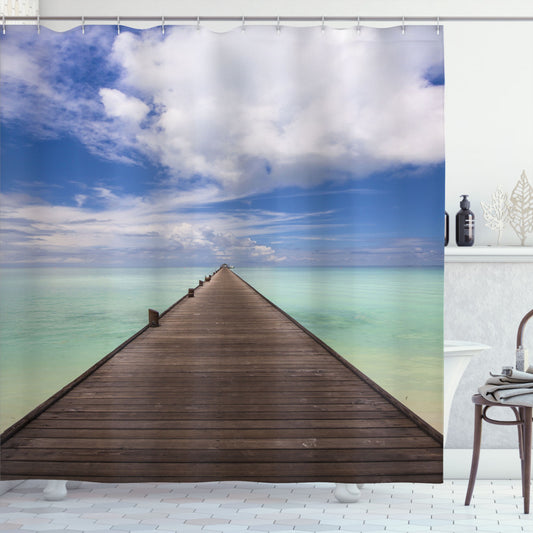 Tranquil Seaside Long Jetty Scene with Dock in Violet Blue and Umber Tones - Shower Curtain