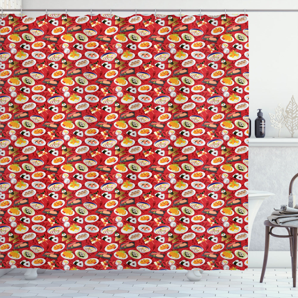 Vibrant Japanese Cuisine-inspired Cartoon Design Shower Curtain featuring Wasabi, Vermilion, and Multicolor Elements