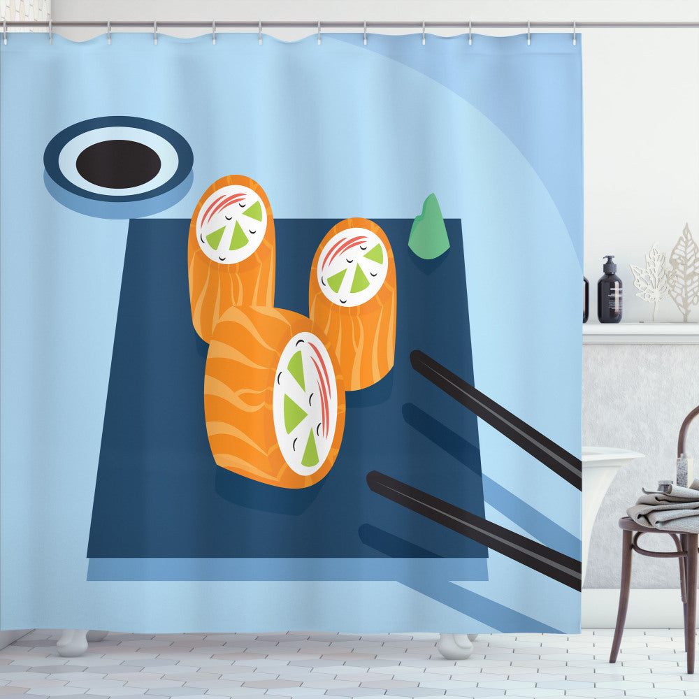 Vibrant Wasabi and Pale Azure Blue Multicolor Doodle Sushi Plate Shower Curtain