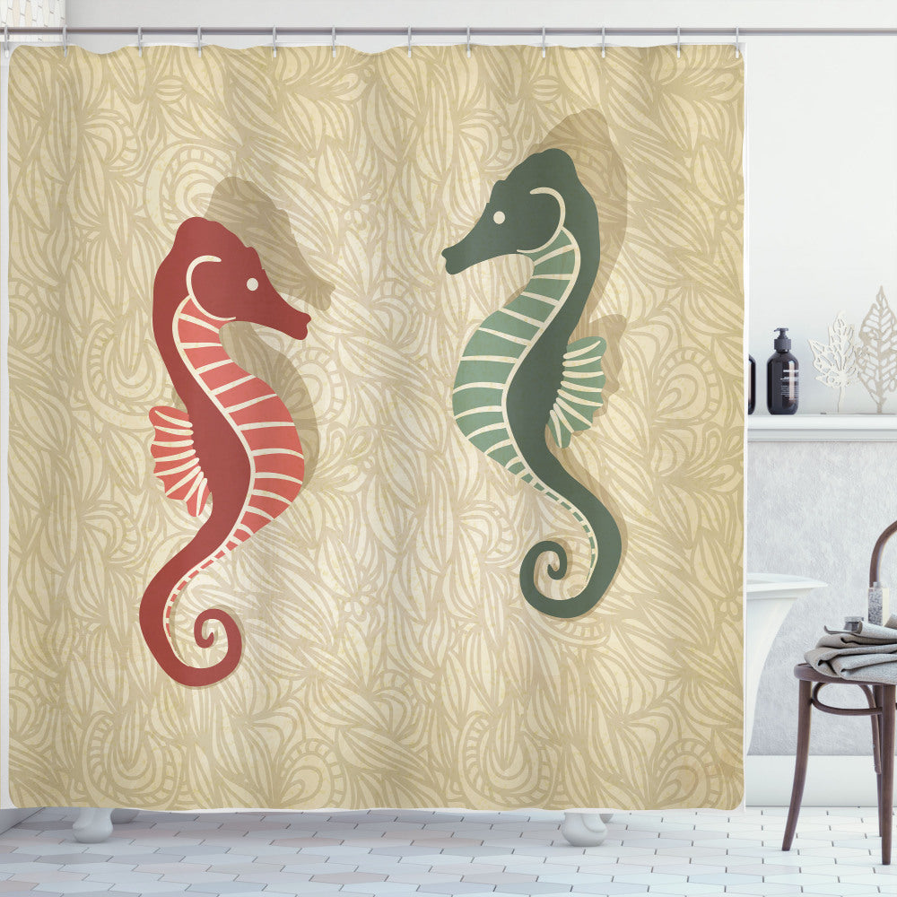 Vibrant Seahorses Nautical Theme Shower Curtain in Forest Green, Sand Brown, and Red Color Palette