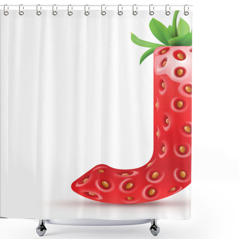 Vibrant Summertime Fruit Font Shower Curtain featuring Letter J, Vermilion, Orange, and Green Elements