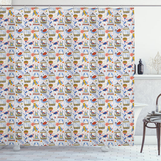 Birds of Flight: Earth Yellow and Multicolor Singing Creatures Art Shower Curtain