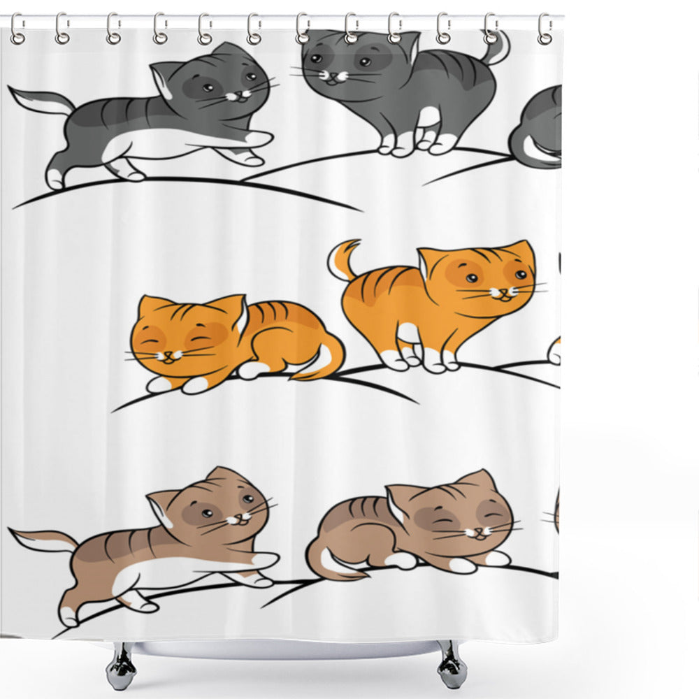 Cheerful Cartoon Cats in Animal, Charcoal Grey, Cinnamon, and Marigold - Shower Curtain