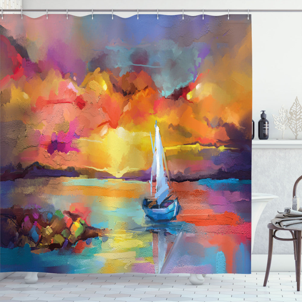 Abstract Impressionist Seascape Oil Painting in Multicolor – Shower Curtain