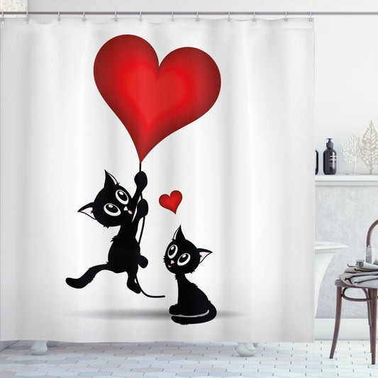 Valentines Day Baby Cats Balloons Bath Curtain in Vermilion and Black Color Palette