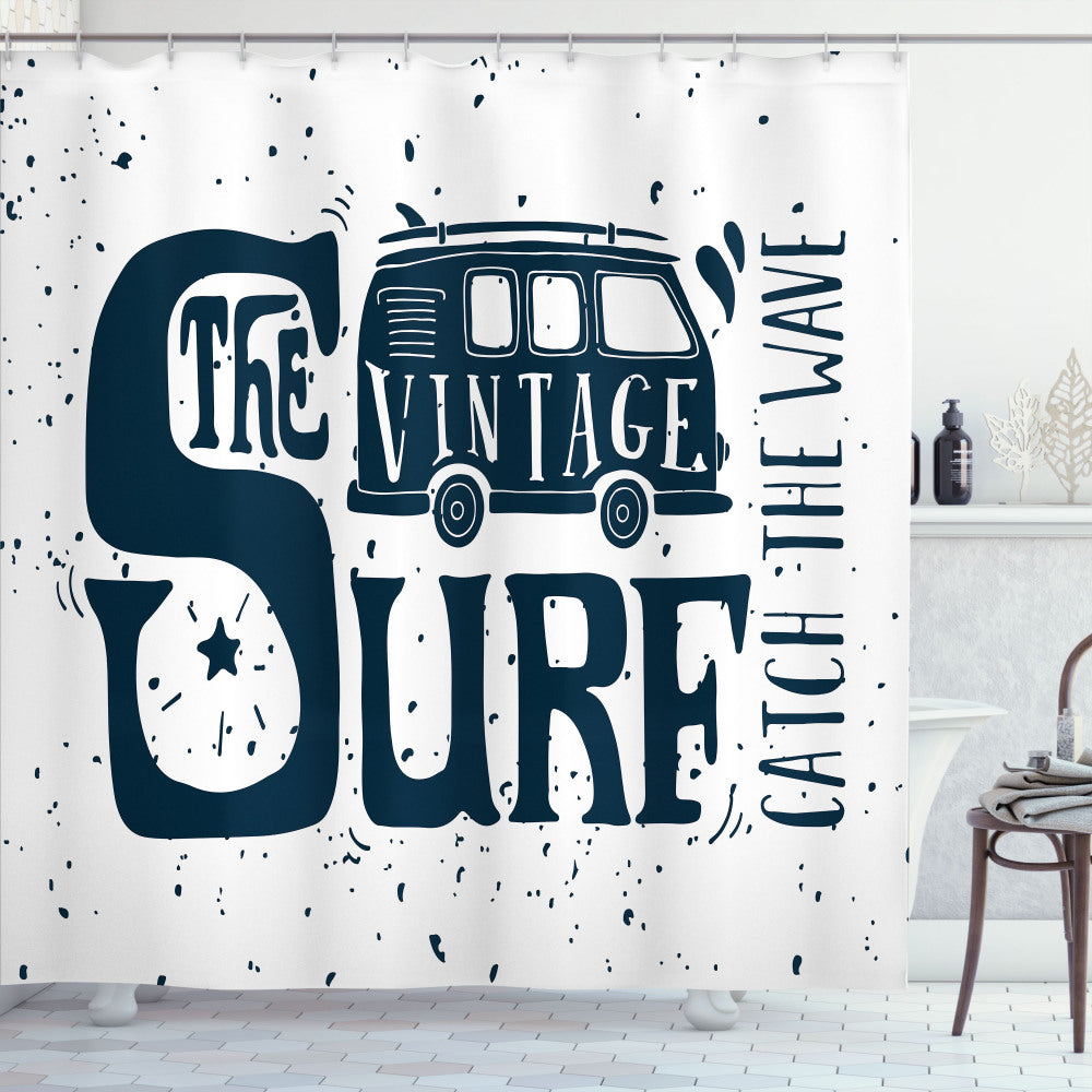 Vintage Surf Mini Van Beach Saying Dark Blue and White Shower Curtain