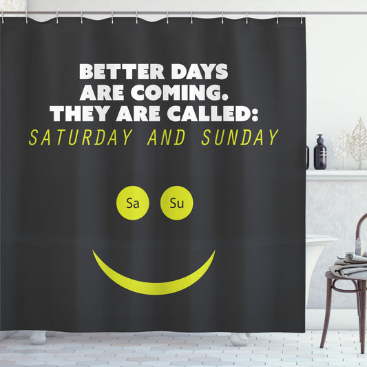 Cheerful Weekend Bath: Charcoal Grey, White, and Yellow Green Funny Shower Curtain