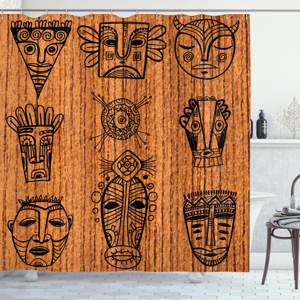 African Inspired Native Masks Bath Curtain in Black and Brown Color Palette