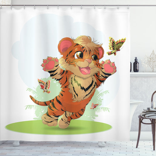 Cartoon Cub with Butterflies Bath Curtain in Orange, Cream, and Green