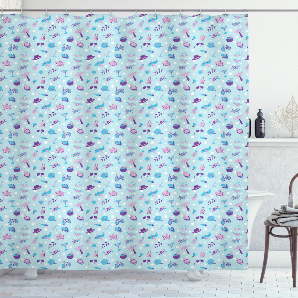 Aquatic Beach Bath Curtain in Flip Flop, Pale Mauve, Purple and Aqua Colors