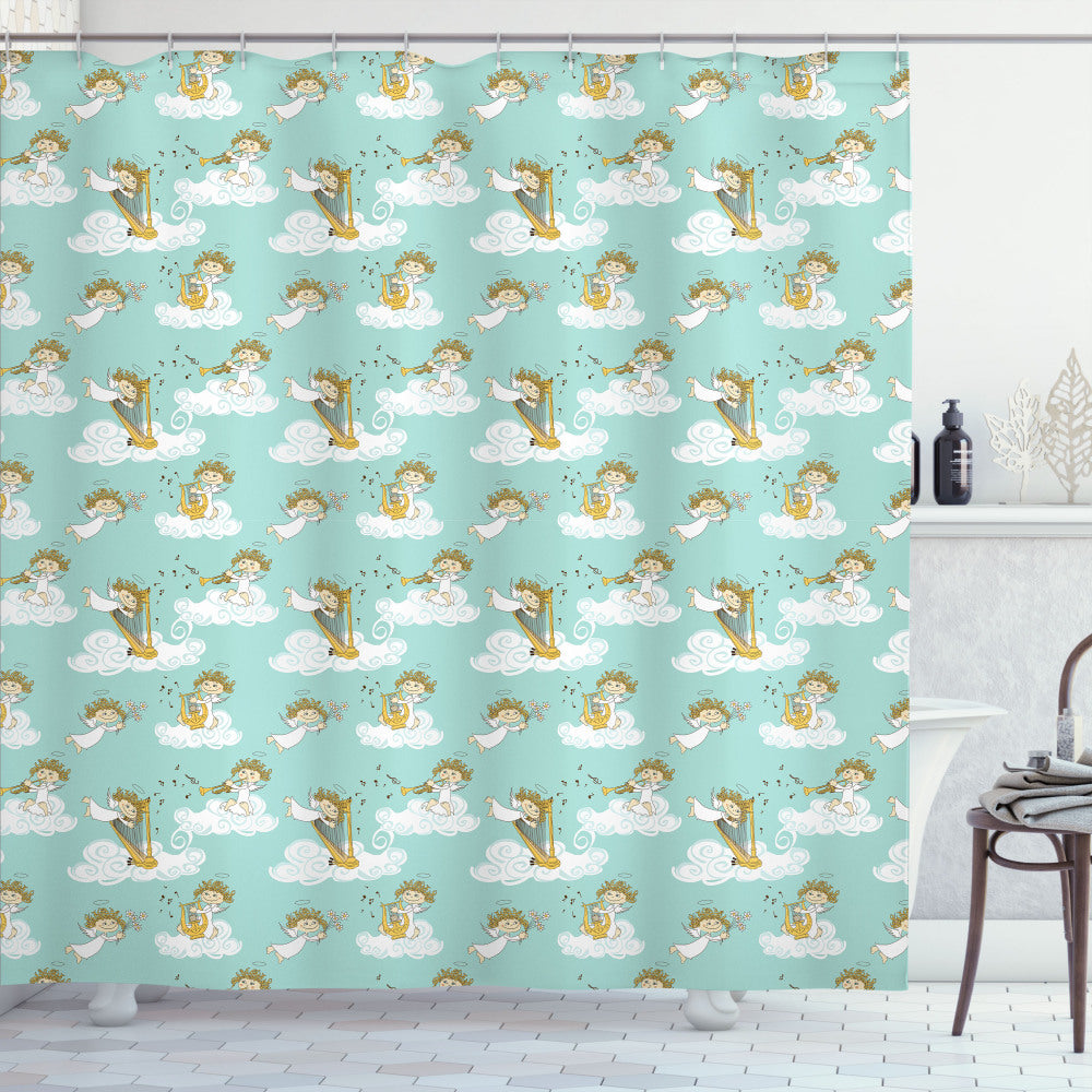 Angelic Melodies in Earth Yellow, Seafoam, and White: Playing the Harp in the Sky with Shower Curtain