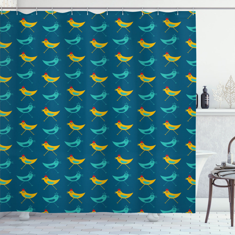 Vibrant Abstract Chickens: Yellow Bird, Petrol Blue, Earth Yellow, Dark Seafoam, and Dark Pink Shower Curtain