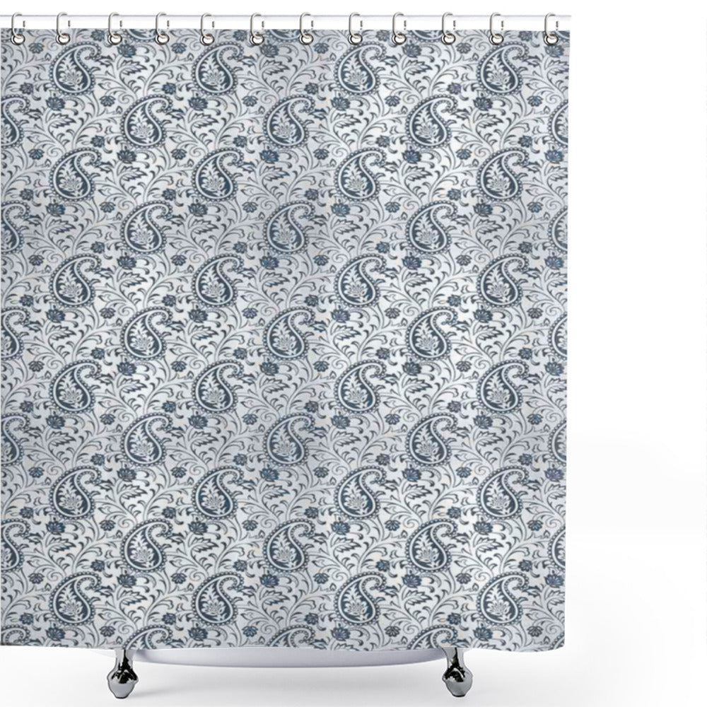 Botanical Ivy Flowers Paisley Grey and Blue Shower Curtain - Optimized Title