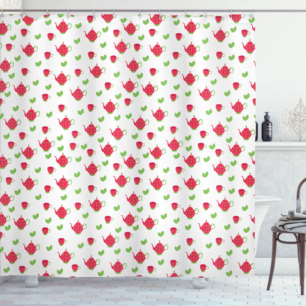 Teapot Polka Dots Tea Party Inspired Dark Coral and Green Shower Curtain