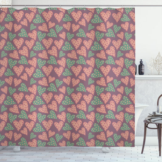 Vintage Polka Dots Shower Curtain in Hearts, Mauve Taupe, Laurel Green, Blush