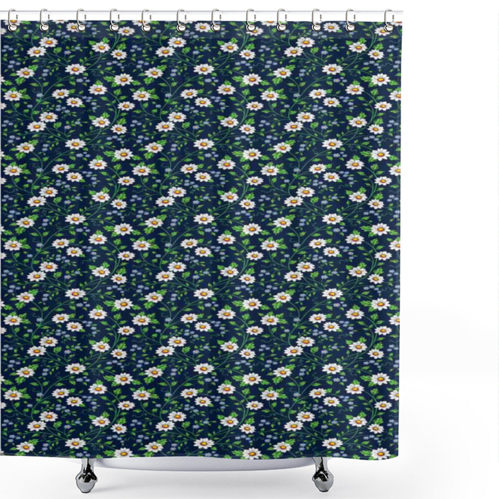 Vintage Fern Green, Dark Blue, and Marigold Gentle Daisies Pattern Shower Curtain