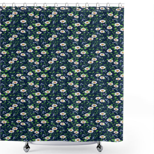 Vintage Fern Green, Dark Blue, and Marigold Gentle Daisies Pattern Shower Curtain