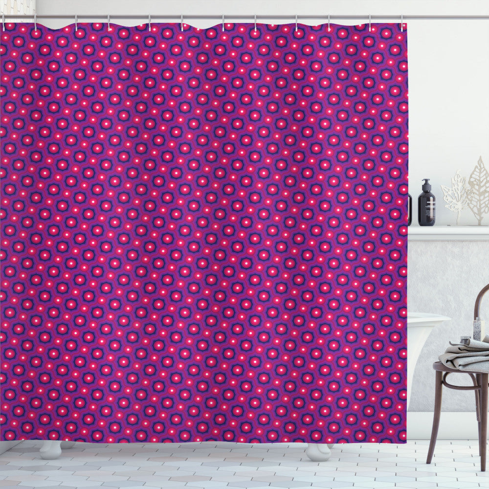 Vibrant Crazy Art Shower Curtain with Intricate Modern Circles in Hot Pink, Indigo, Purple, and White