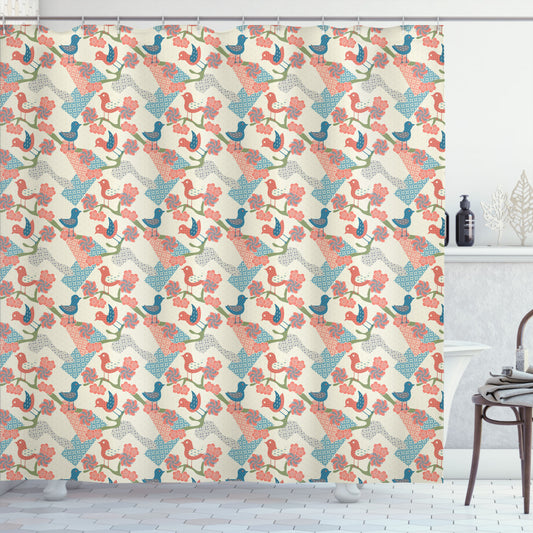 Asian-Inspired Bath Curtain in Pale Green, Salmon, and Blue: Embracing Japanese Nature