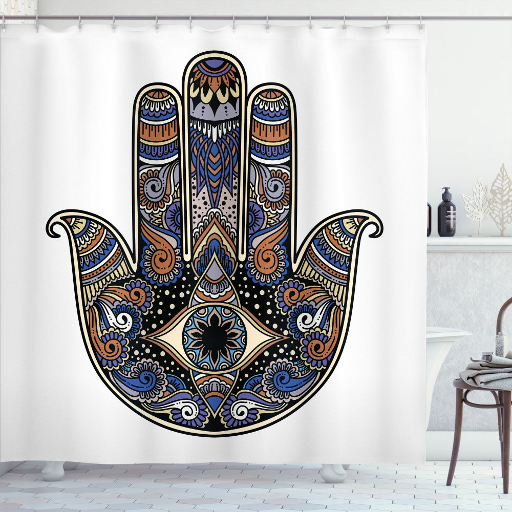 Bohemian Vintage Doodle Hamsa Design Shower Curtain in Royal Blue, Caramel, and Black