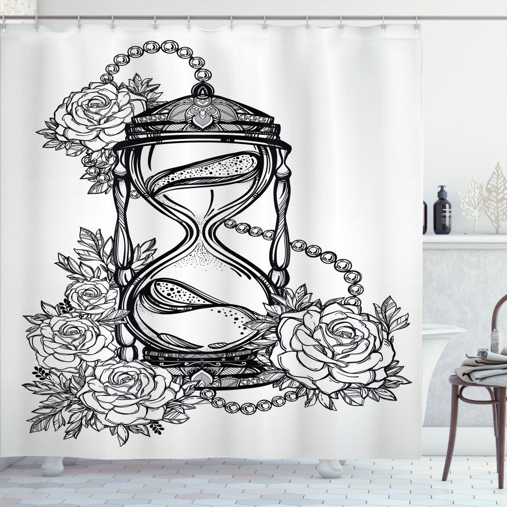 Tattoo-inspired Sketch Style Hourglass Shower Curtain in White and Black