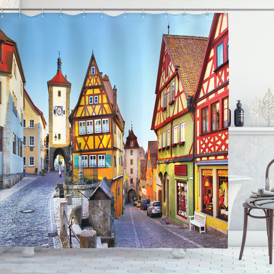 Vibrant German Multicolor Street Houses Inspired Shower Curtains