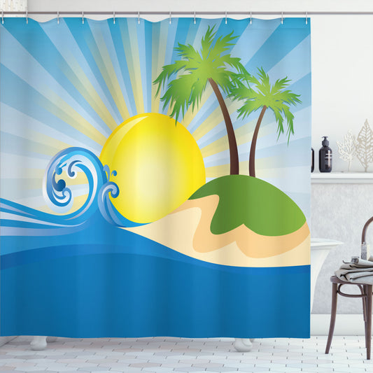 Beach Vibes: Sun-Kissed Tropical Island Shower Curtain in Yellow Green and Blue