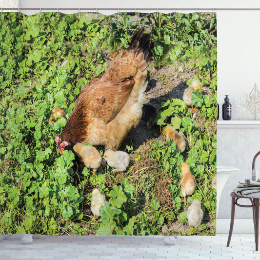 Animal-themed Shower Curtain Featuring Hen and Chicks on Shamrocks in Apple Green and Multicolor