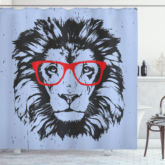 Animal-themed Hipster Glasses in Black, Blue, and Red Lion Design: A Shower Curtain Upgrade