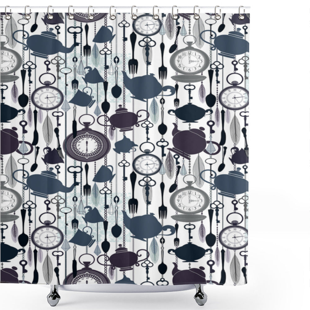 Antique Victorian Tea Party Inspired Shower Curtain in Slate Blue, Black, and Plum