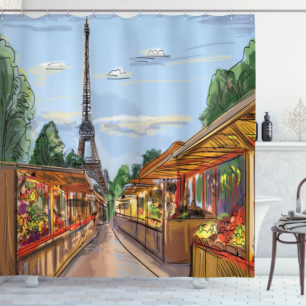 Vibrant Parisian Eiffel Street Sketch Shower Curtain in Amber and Blue