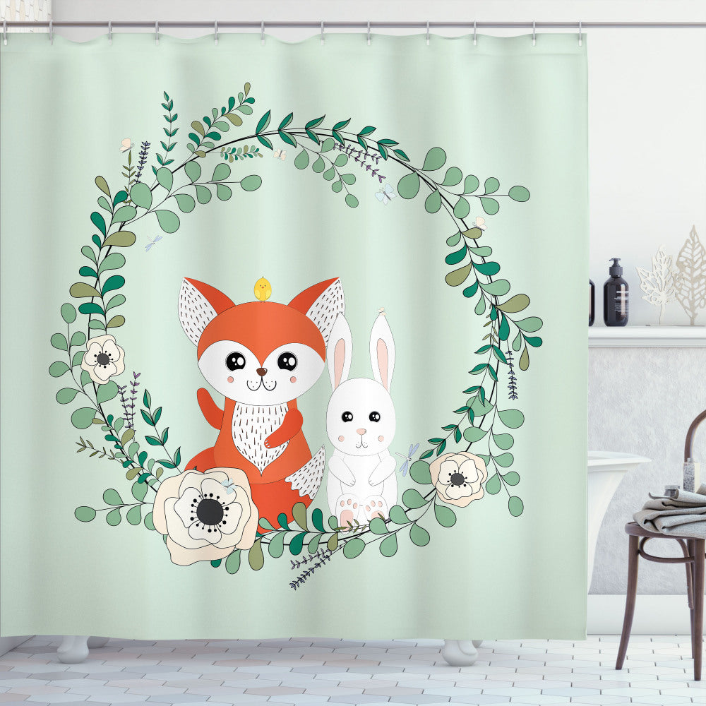 Cartoon Animals Friends Fox and Rabbit in Pale Green, Vermilion, and Champagne Shower Curtain Design