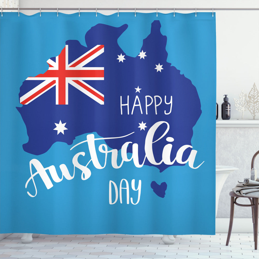 Australian Party Themed Shower Curtain in Vermilion, Pale Blue, and Navy Blue Colors