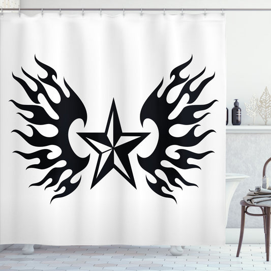 Texas Star Flame Wings Design in White and Black Bath Curtain