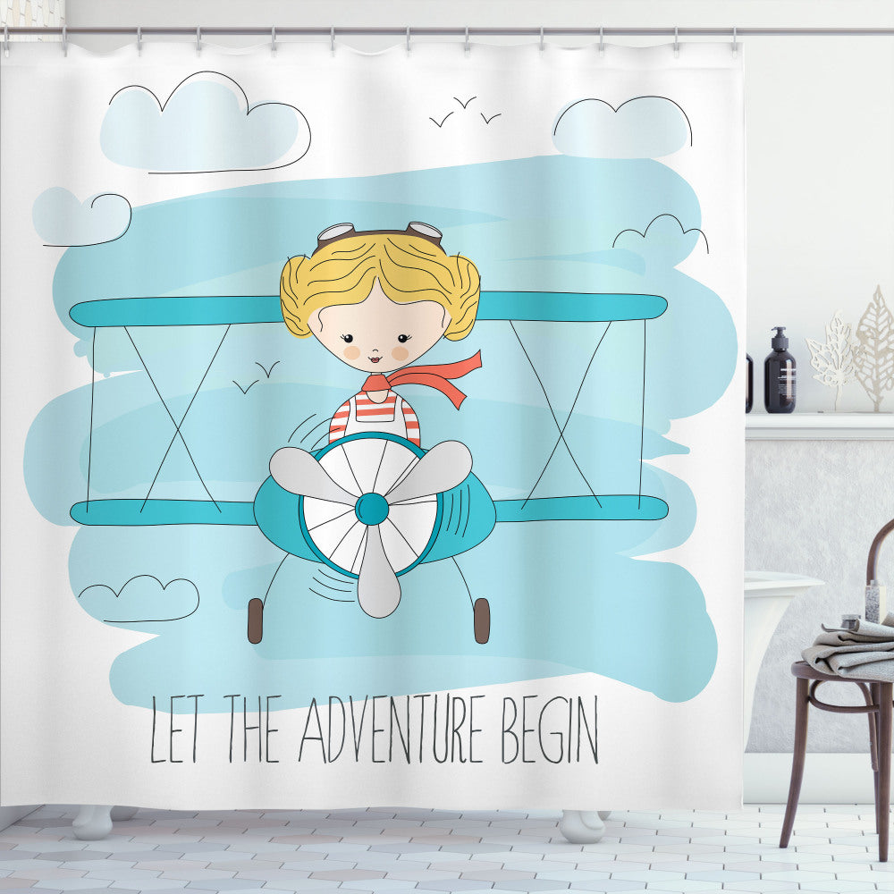 Adventurous Journey: Girl on Plane with Dark Coral, Baby Blue, and Yellow Shower Curtain