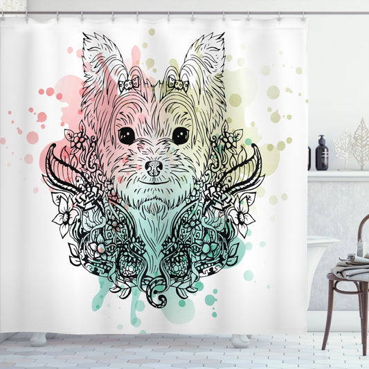 Yorkie Dog Sketch Flowers White and Black Shower Curtain