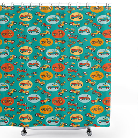 Urban Transport-themed Shower Curtain in Motorcycle, Turquoise, Marigold, and Orange