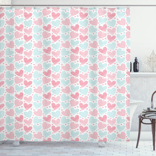 Swirling Hearts and Stripes: Love-inspired Pastel Pink, Rose, and Pale Blue Shower Curtain