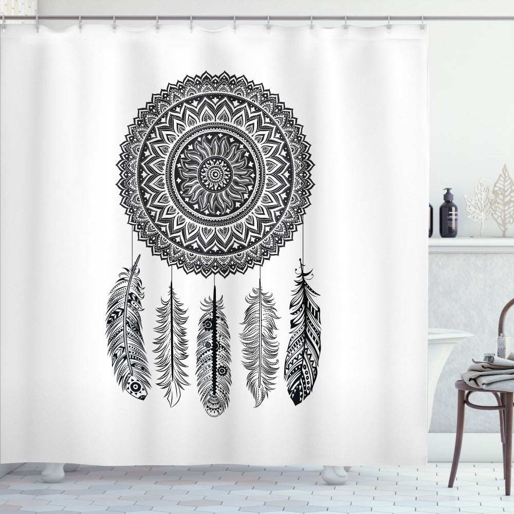 Aztec Dream Catcher Feather Design White and Black Shower Curtain