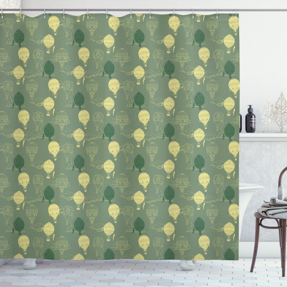 Whimsical Balloons and Clouds Fantasy Shower Curtain in Peacock Green, Pale Yellow, and Hunter Green