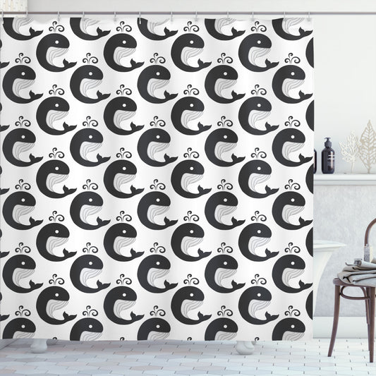 Symmetric Underwater Animal-Inspired Whale Bath Curtains in White and Dark Grey