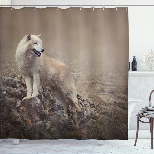 Animal-Inspired White Wolf on Warm Taupe Rocks Shower Curtain