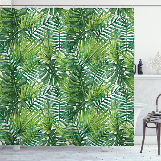 Watercolor Tree Leaves Shower Curtain in Leaf Green and Dark Green Tones