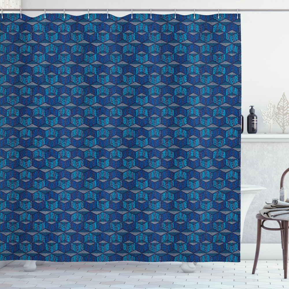 Vintage Mexican Ikat Chevron Lines in Pale Blue and Dark Blue Shower Curtain