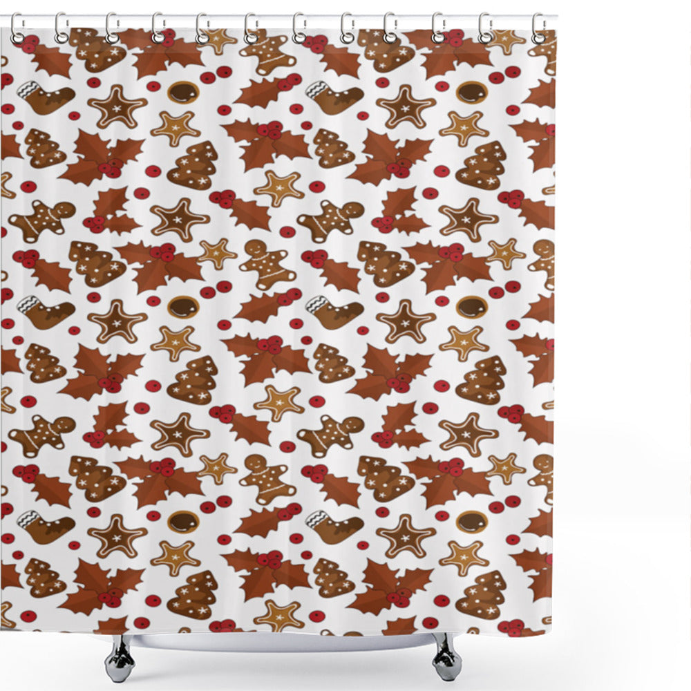 Christmas Holly Berry Cookies Inspired Redwood Brown and Red Shower Curtain Design