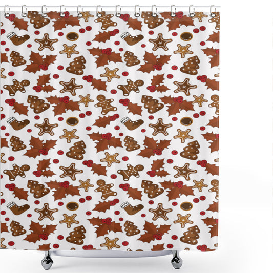 Christmas Holly Berry Cookies Inspired Redwood Brown and Red Shower Curtain Design