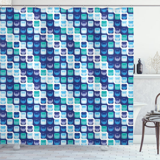 Vintage Blue and White Mosaic Squares Shower Curtain