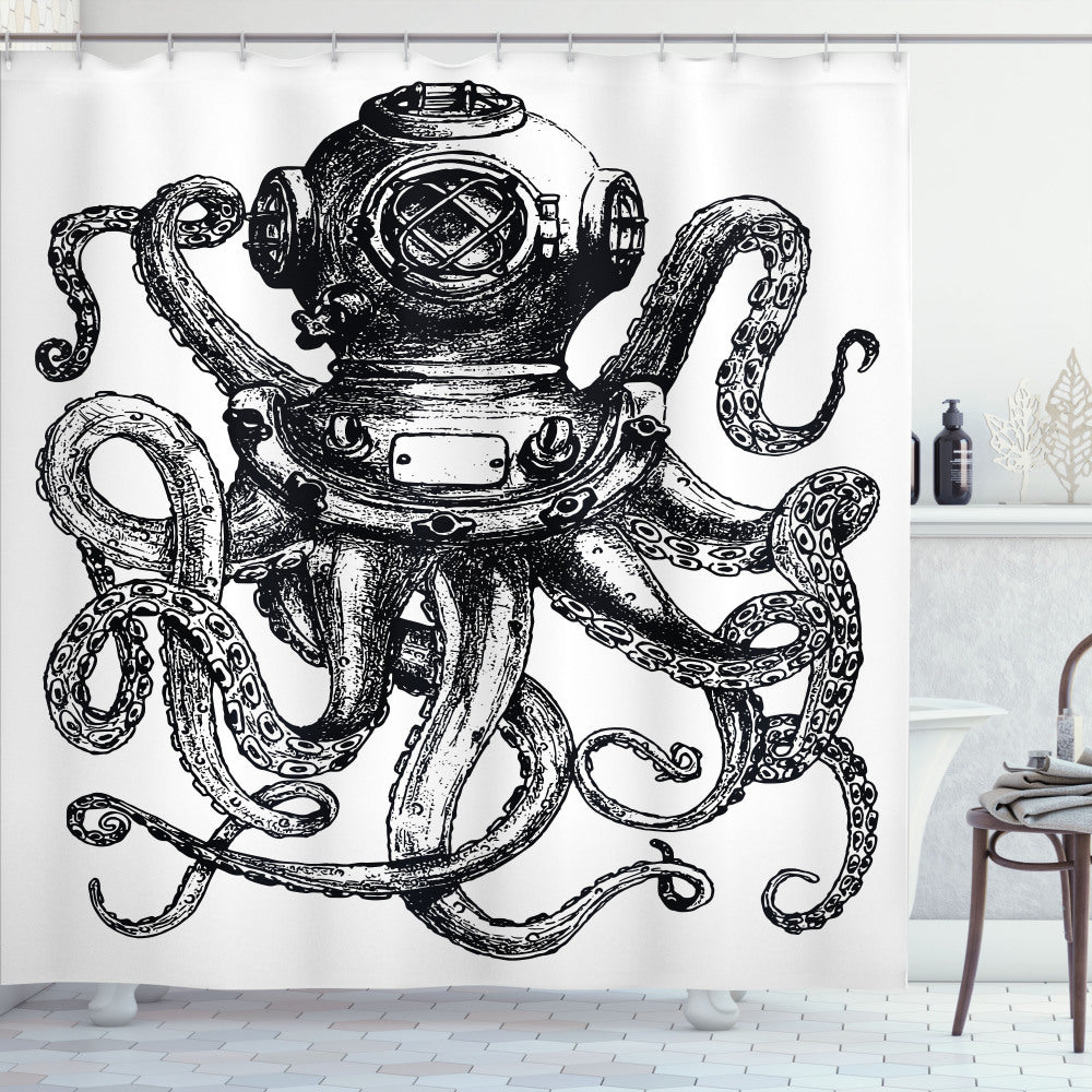 Vintage Diver Animal Octopus Design Shower Curtain in Charcoal Grey and White