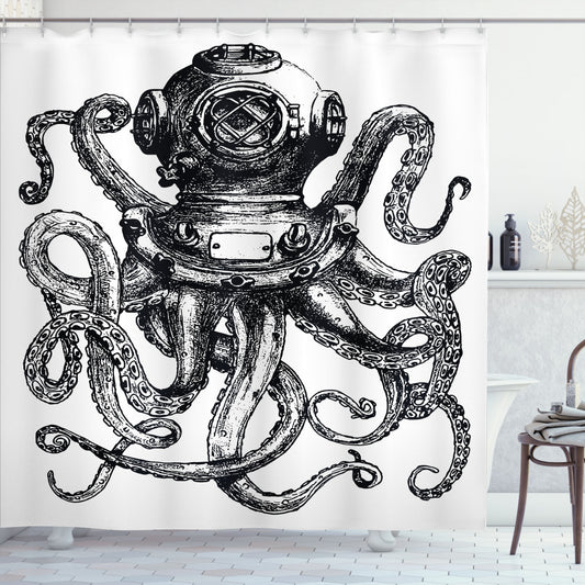 Vintage Diver Animal Octopus Design Shower Curtain in Charcoal Grey and White